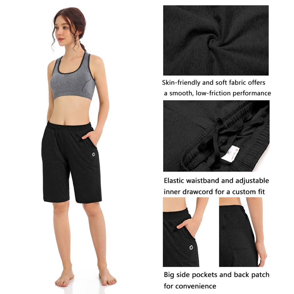 Women's Long Workout Bermuda Shorts - Yoga Athletic Running Lounge Shorts with Pockets