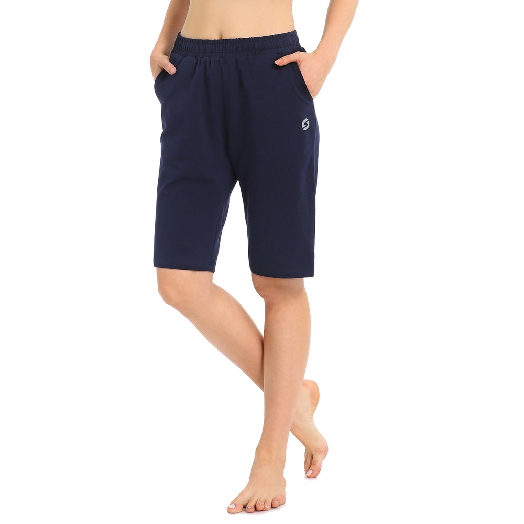 Women's Long Workout Bermuda Shorts - Yoga Athletic Running Lounge Shorts with Pockets