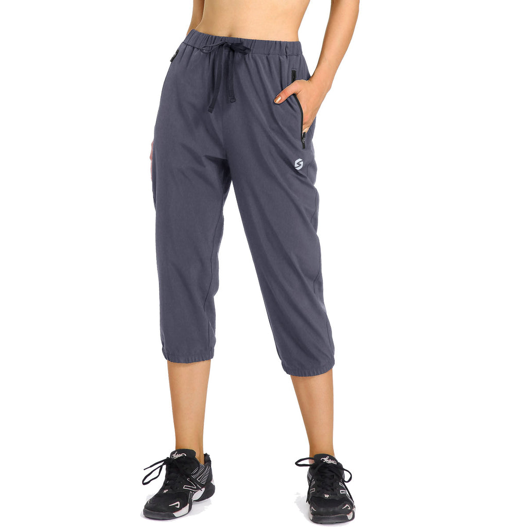 Womens Lightweight Jogger Capri Pants Quick Dry Workout Running Capris Sun Protection UPF 50+ Zipper Pockets
