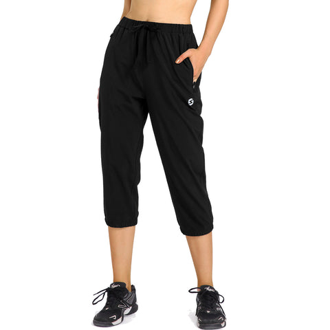 Image of Womens Lightweight Jogger Capri Pants Quick Dry Workout Running Capris Sun Protection UPF 50+ Zipper Pockets