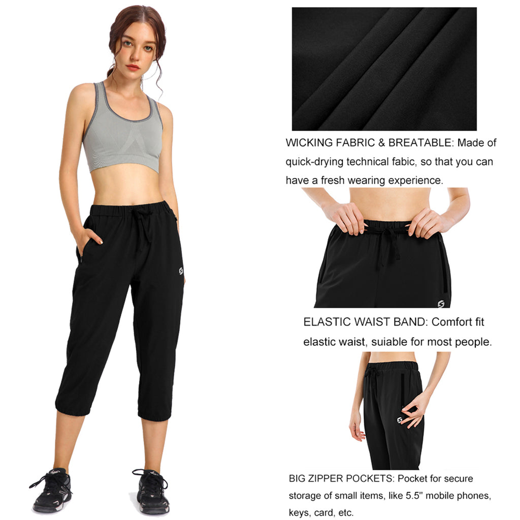 Womens Lightweight Jogger Capri Pants Quick Dry Workout Running Capris Sun Protection UPF 50+ Zipper Pockets